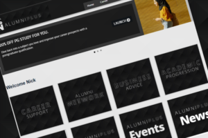 Screenshot of the Alumni platform showing Career Support, Alumni network, business advice, and academic progression