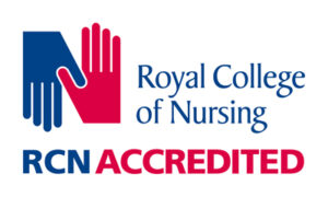 Logo containing two overlapping hands beside the text "Royal College of Nursing" and "RCN Accredited" in red and blue.