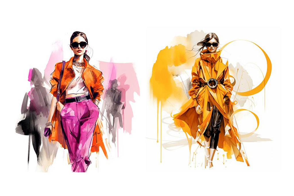 A fashion illustration of a woman wearing two different styles of orange coat.