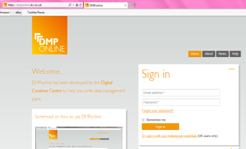 The DMP Online welcome screen. The screeshot shows the sign in box on the right hand-side, with an email address and password field to fill out.