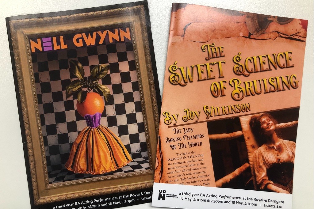 Two pamphlets side by side of Nell Gwynn and The Sweet Science of Bruising,