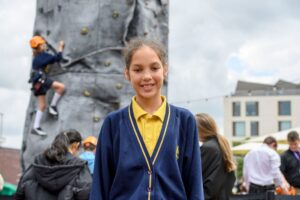 Eve Hinds-McDowell from Delapre Primary School after completing the British Army Climbing Wall Challenge.