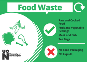 Food Waste poster, which is green. Accepted items: Raw and cooked food, fruit and vegetables peelings, meat and fish, tea bags. Unacceptable items: No food packaging and no liquids.