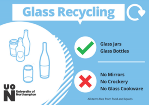 Glass recycling image, which is blue. Accepted items: Glass jars and glass bottles. Unacceptable items: No mirrors, No Crockery, No Glass Cookware.