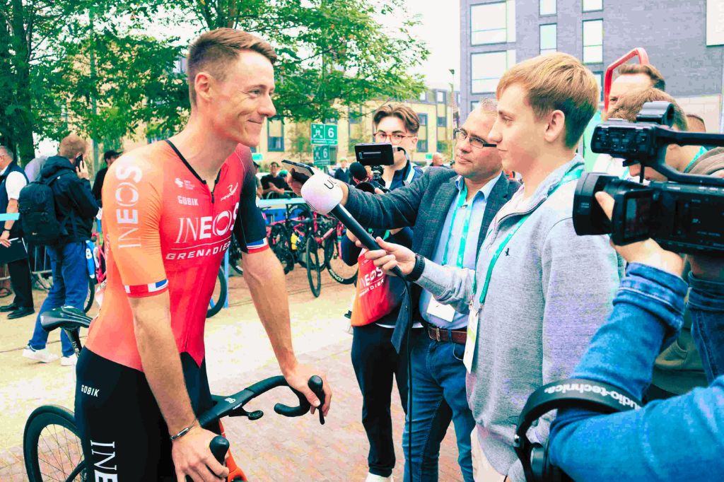 Multimedia Sport Journalism Students interview top flight cyclists.