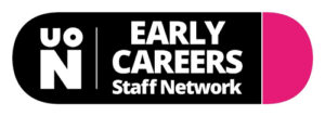 Logo for UON Early Careers Staff Network, featuring a black rectangle with white text on the left and a pink semicircle on the right.