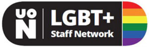 Logo of the UON LGBT+ Staff Network featuring a black background with white text and a vertical rainbow stripe on the right side.