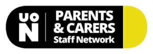 Logo of the UON Parents & Carers Staff Network with white text on a black and yellow background.