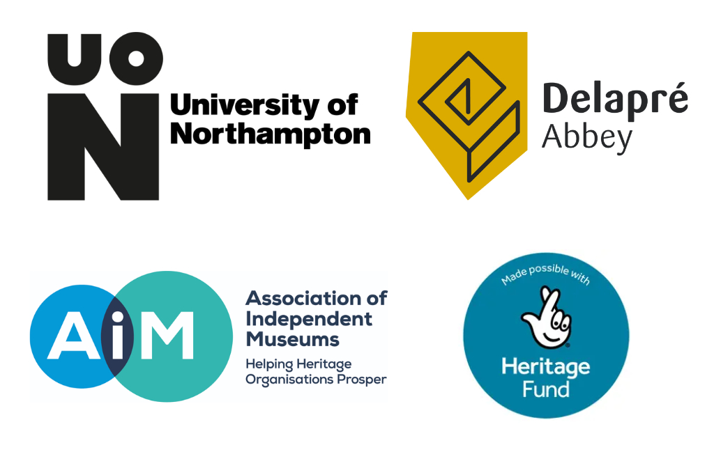 Four logos of UON, Delapre Abbey, AIM and Heritage Lottery Fund.