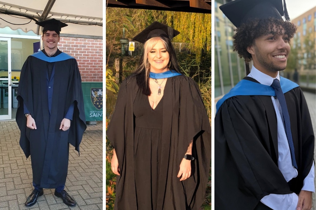 Three profile photos of graduate students smiling at camera.