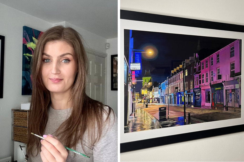 Sophie Slade smiles at camera with paintbrush, next to a photo of her painting in a frame.