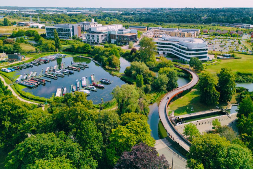 Aerial view on the University of Northampton's Waterside Campus.