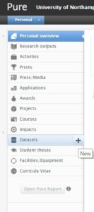 Screenshot of where to add Dataset on PURE, this is an image showing a "Choose submission" pop up on Pure. This has multiple options of submissions; Chapter, Article, Paper, Book, Article and Conference contribution. On the left hand side there is a bar of further options; Research output, Activity, Prize, Press/Media, Impact, Dataset and Student thesis. Dataset is highlighted with the mouse hovering on the option.